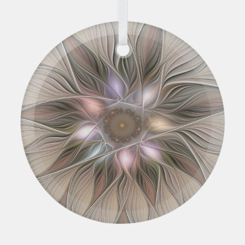 Joyful Flower Abstract Beige Brown Floral Fractal Glass Ornament