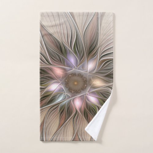 Joyful Flower Abstract Beige Brown Floral Fractal Hand Towel