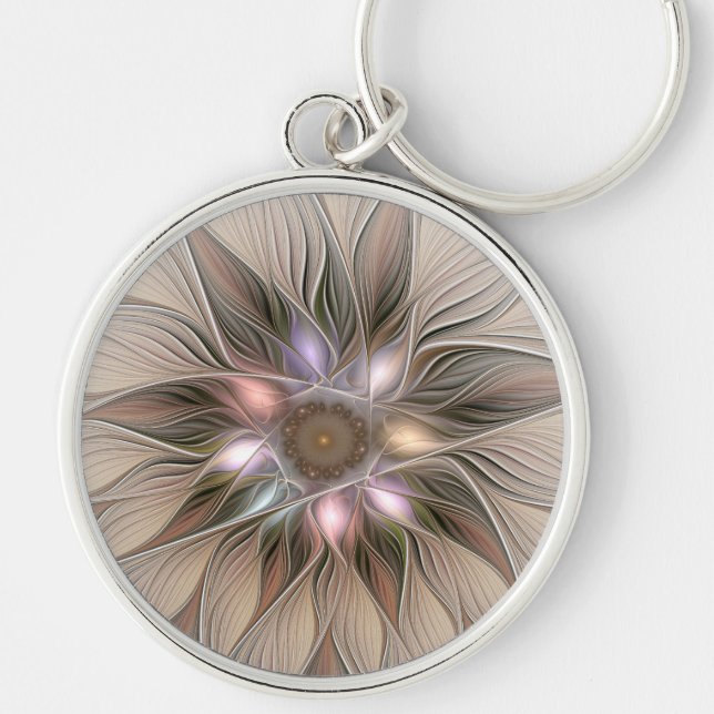Joyful Flower Abstract Beige Brown Floral Fractal Keychain (Front)