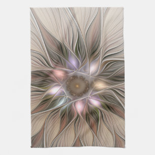Joyful Flower Abstract Beige Brown Floral Fractal Kitchen Towel