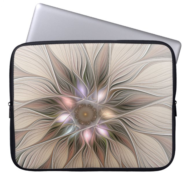Joyful Flower Abstract Beige Brown Floral Fractal Laptop Sleeve (Front)