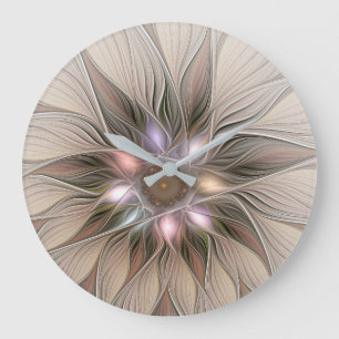 Joyful Flower Abstract Beige Brown Floral Fractal Large Clock