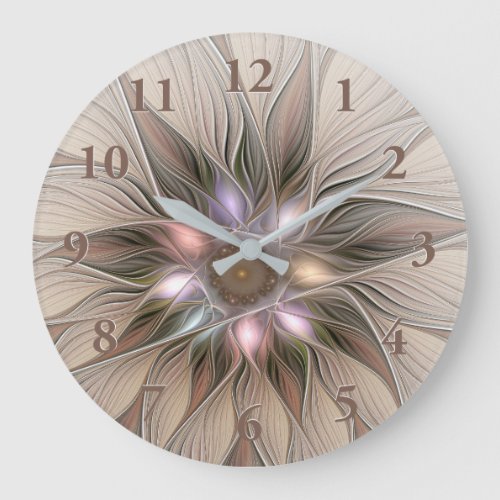 Joyful Flower Abstract Beige Brown Floral Fractal Large Clock