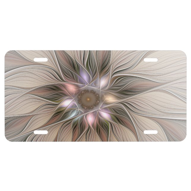 Joyful Flower Abstract Beige Brown Floral Fractal License Plate (Front)