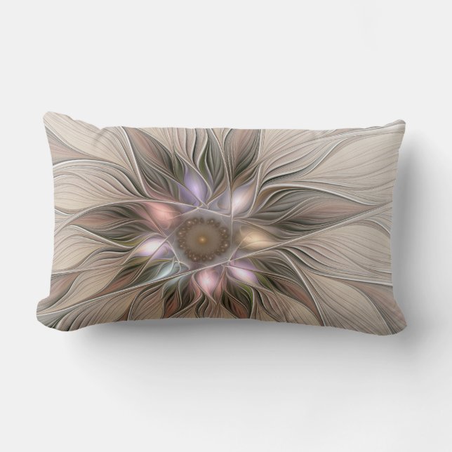 Joyful Flower Abstract Beige Brown Floral Fractal Lumbar Pillow (Front)