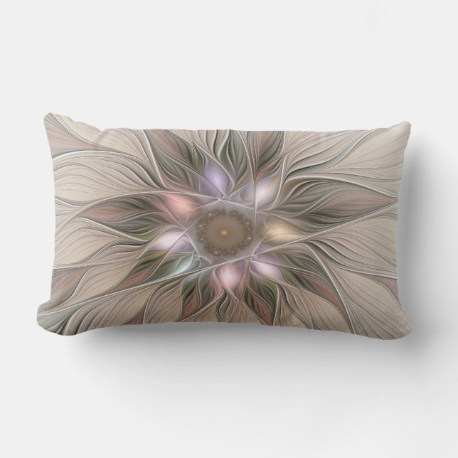 Joyful Flower Abstract Beige Brown Floral Fractal Lumbar Pillow (Front)