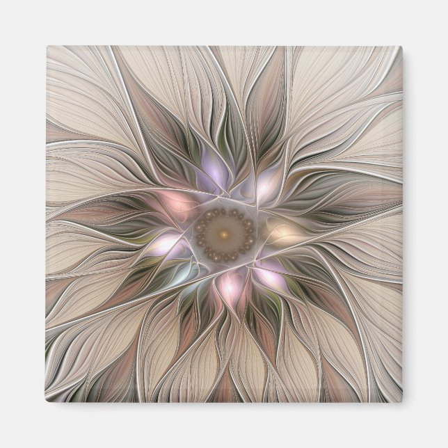 Joyful Flower Abstract Beige Brown Floral Fractal Magnet (Front)