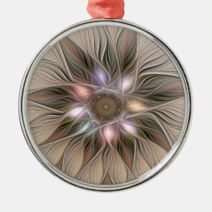 Joyful Flower Abstract Beige Brown Floral Fractal Metal Ornament