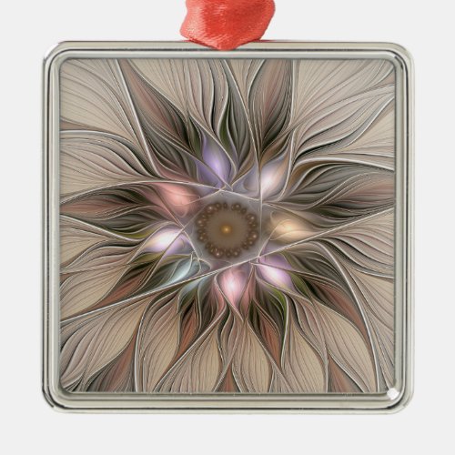 Joyful Flower Abstract Beige Brown Floral Fractal Metal Ornament