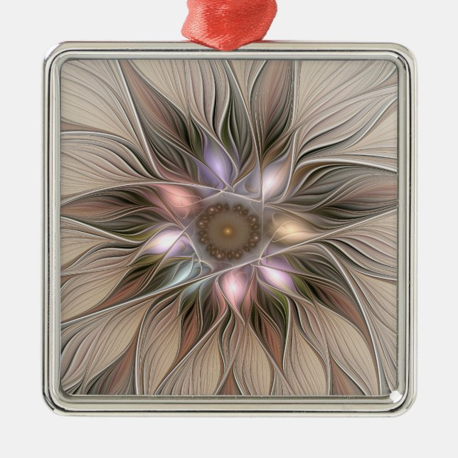 Joyful Flower Abstract Beige Brown Floral Fractal Metal Ornament (Front)