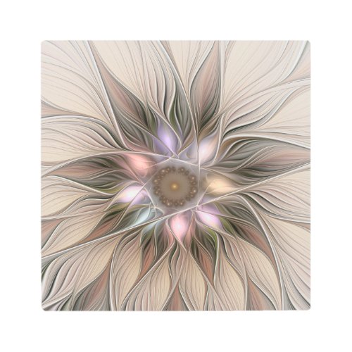 Joyful Flower Abstract Beige Brown Floral Fractal Metal Print