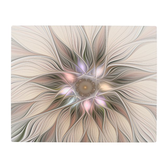 Joyful Flower Abstract Beige Brown Floral Fractal Metal Print (Front)