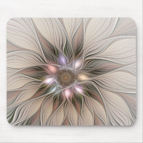 Joyful Flower Abstract Beige Brown Floral Fractal Mouse Pad