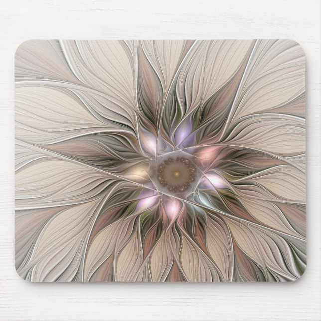 Joyful Flower Abstract Beige Brown Floral Fractal Mouse Pad (Front)