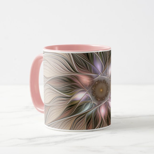 Joyful Flower Abstract Beige Brown Floral Fractal Mug (Front Left)