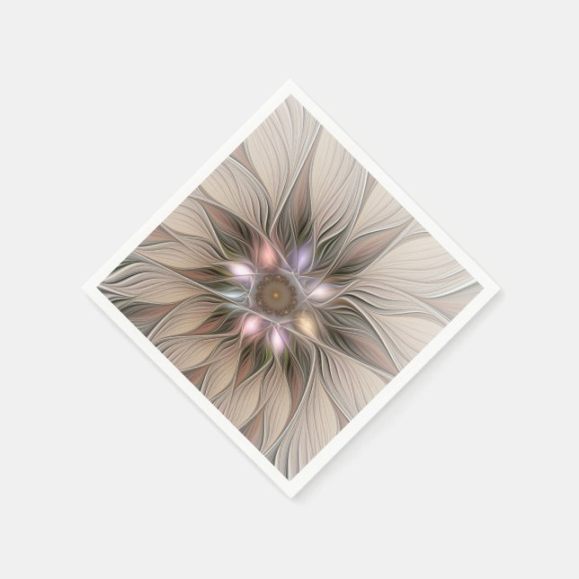 Joyful Flower Abstract Beige Brown Floral Fractal Napkins (Corner)