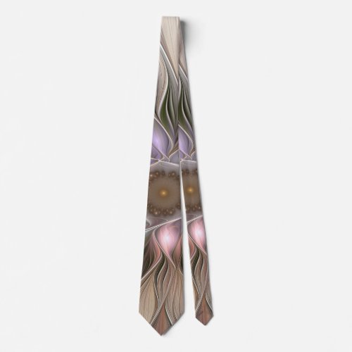 Joyful Flower Abstract Beige Brown Floral Fractal Neck Tie