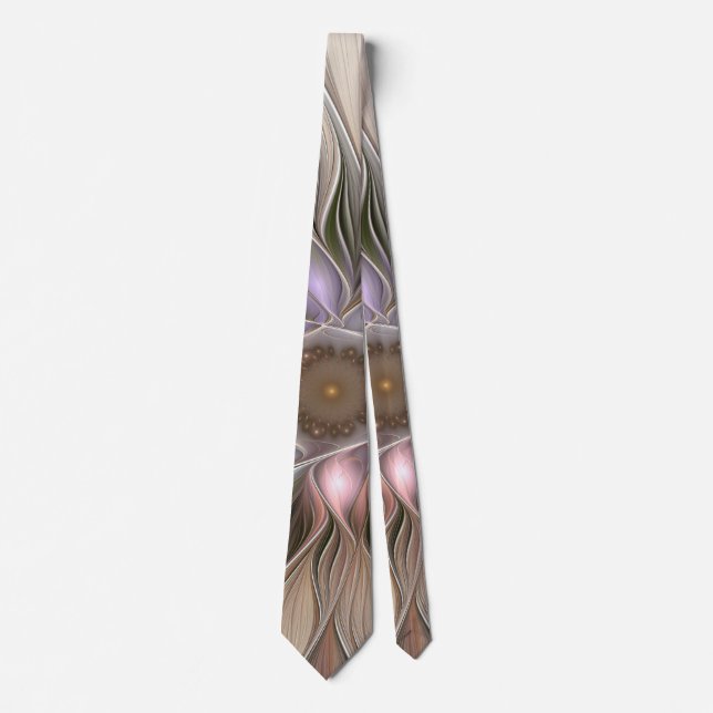 Joyful Flower Abstract Beige Brown Floral Fractal Neck Tie (Front)