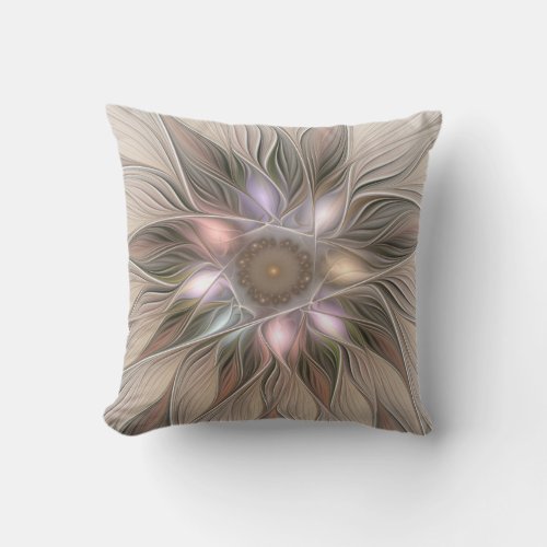 Joyful Flower Abstract Beige Brown Floral Fractal Outdoor Pillow