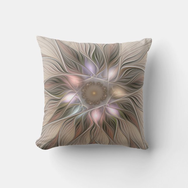 Joyful Flower Abstract Beige Brown Floral Fractal Outdoor Pillow (Front)