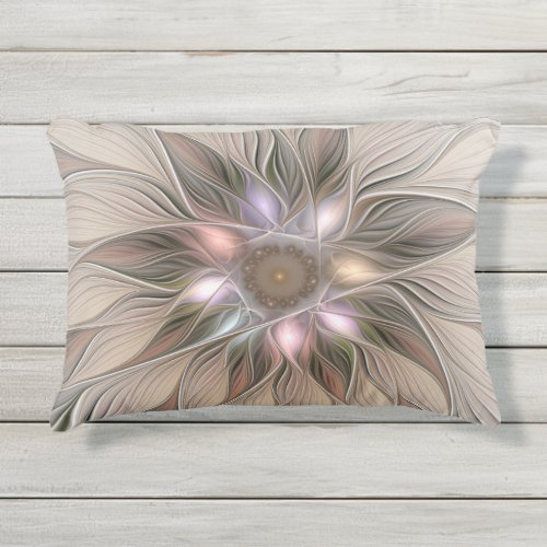 Joyful Flower Abstract Beige Brown Floral Fractal Outdoor Pillow