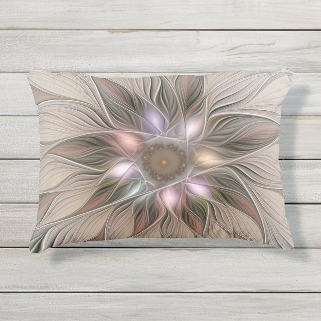 Joyful Flower Abstract Beige Brown Floral Fractal Outdoor Pillow (Front)