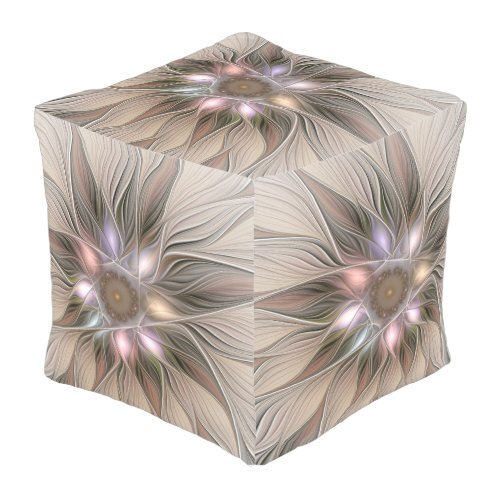 Joyful Flower Abstract Beige Brown Floral Fractal Outdoor Pouf