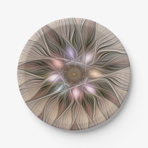 Joyful Flower Abstract Beige Brown Floral Fractal Paper Plates