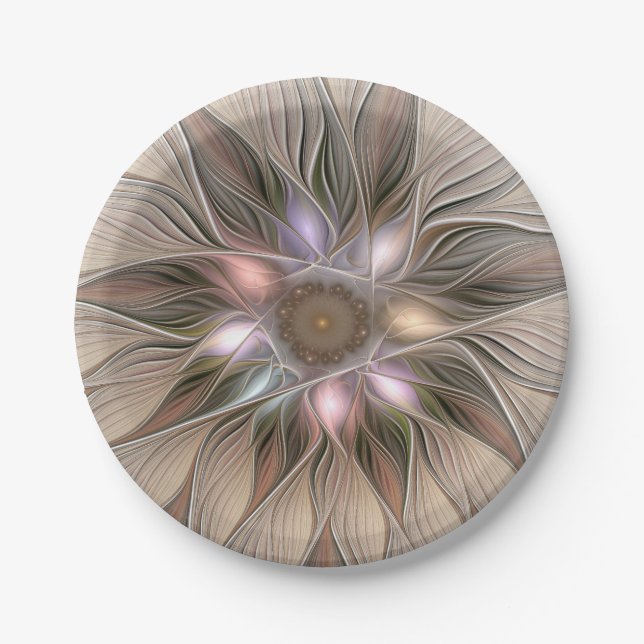 Joyful Flower Abstract Beige Brown Floral Fractal Paper Plates (Front)