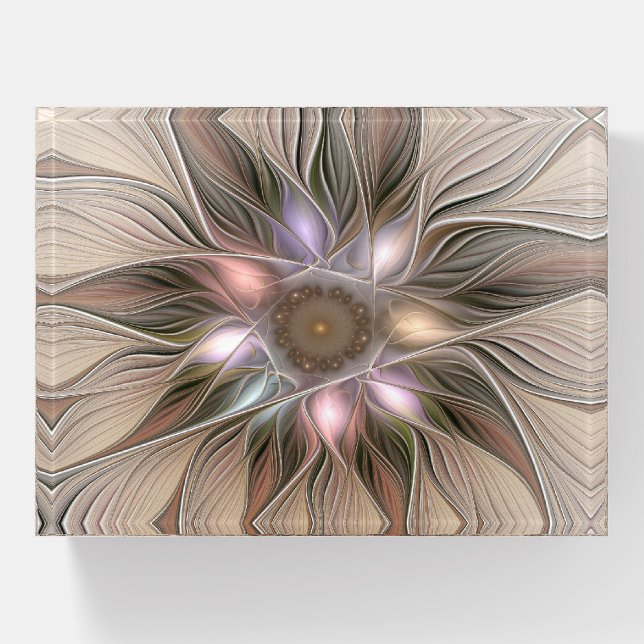 Joyful Flower Abstract Beige Brown Floral Fractal Paperweight (Front)