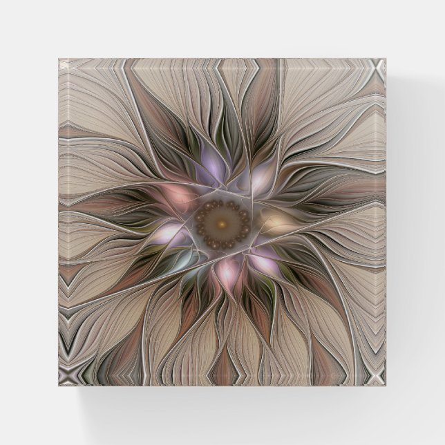 Joyful Flower Abstract Beige Brown Floral Fractal Paperweight (Front)