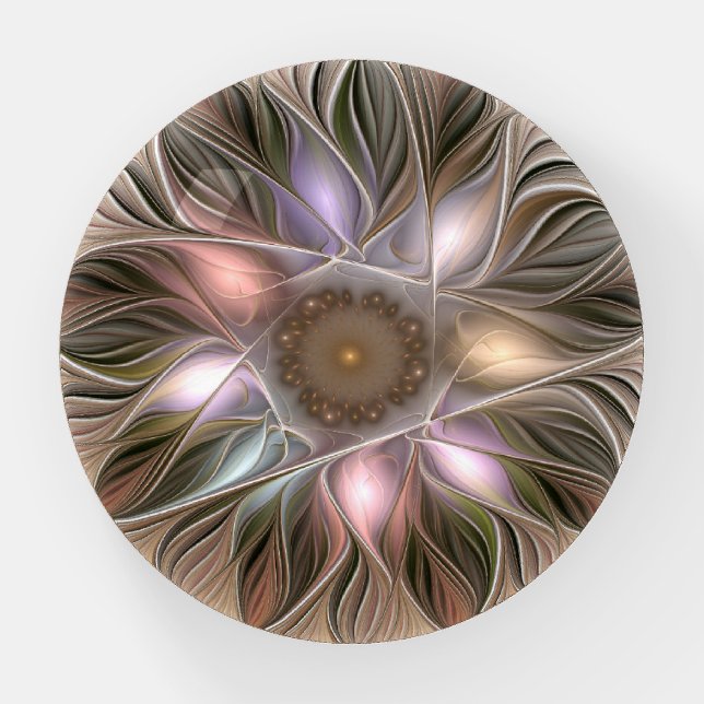 Joyful Flower Abstract Beige Brown Floral Fractal Paperweight (Front)