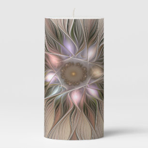 Joyful Flower Abstract Beige Brown Floral Fractal Pillar Candle