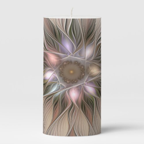 Joyful Flower Abstract Beige Brown Floral Fractal Pillar Candle