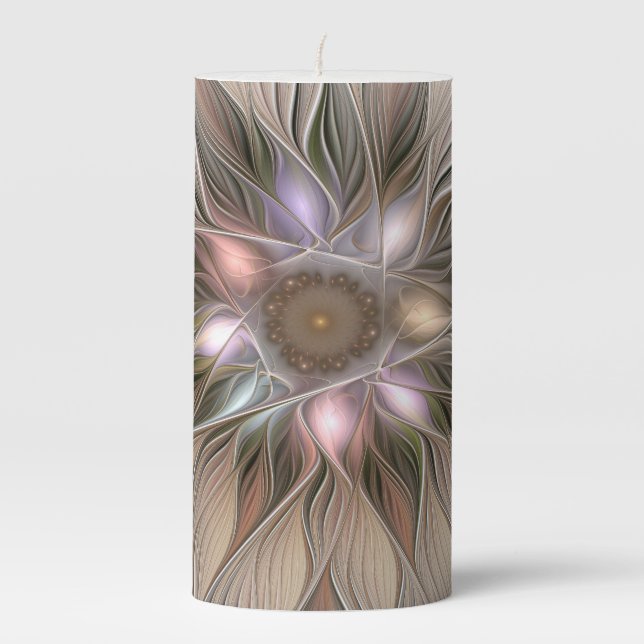 Joyful Flower Abstract Beige Brown Floral Fractal Pillar Candle (Front)