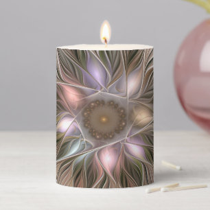 Joyful Flower Abstract Beige Brown Floral Fractal Pillar Candle