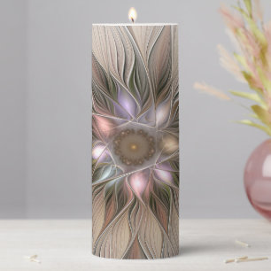 Joyful Flower Abstract Beige Brown Floral Fractal Pillar Candle