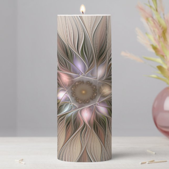 Joyful Flower Abstract Beige Brown Floral Fractal Pillar Candle (In Situ)