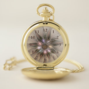 Joyful Flower Abstract Beige Brown Floral Fractal Pocket Watch
