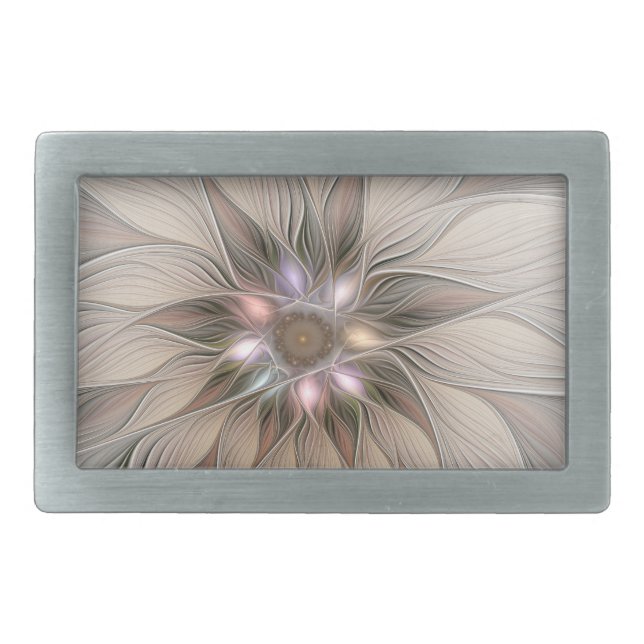 Joyful Flower Abstract Beige Brown Floral Fractal Rectangular Belt Buckle (Front)