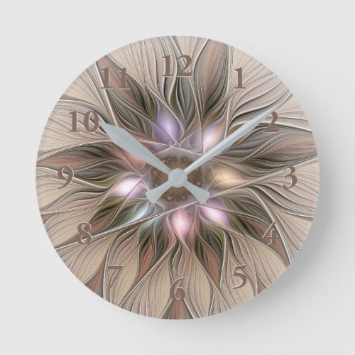 Joyful Flower Abstract Beige Brown Floral Fractal Round Clock