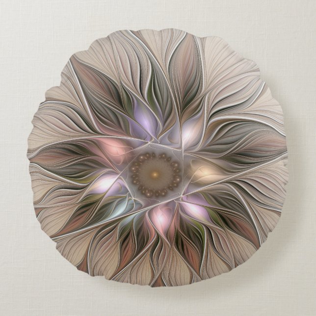 Joyful Flower Abstract Beige Brown Floral Fractal Round Pillow (Front)