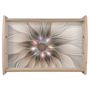 Joyful Flower Abstract Beige Brown Floral Fractal Serving Tray