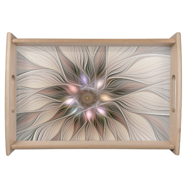 Joyful Flower Abstract Beige Brown Floral Fractal Serving Tray (Front)