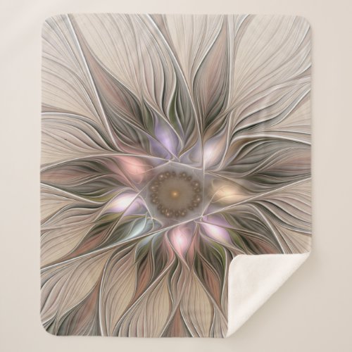 Joyful Flower Abstract Beige Brown Floral Fractal Sherpa Blanket