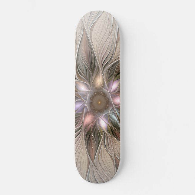 Joyful Flower Abstract Beige Brown Floral Fractal Skateboard (Front)