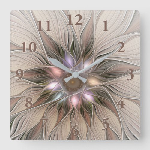 Joyful Flower Abstract Beige Brown Floral Fractal Square Wall Clock
