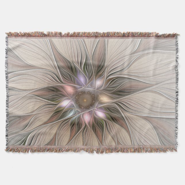 Joyful Flower Abstract Beige Brown Floral Fractal Throw Blanket (Front)