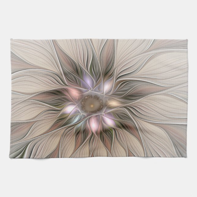 Joyful Flower Abstract Beige Brown Floral Fractal Towel (Horizontal)