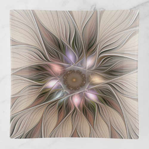 Joyful Flower Abstract Beige Brown Floral Fractal Trinket Tray